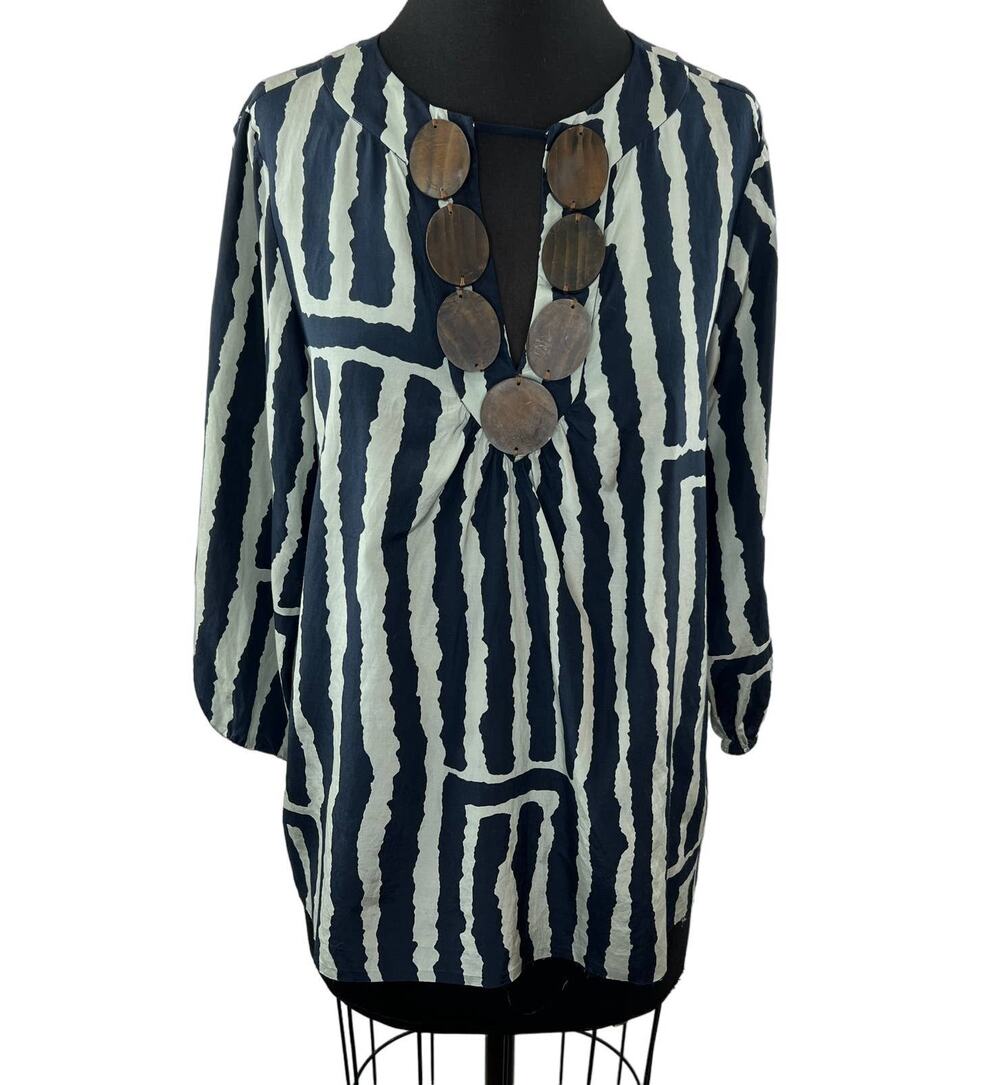 TIBI Blue White Silk Cotton Blend Keyhole V-Neck Embellished Tunic Top Size 8